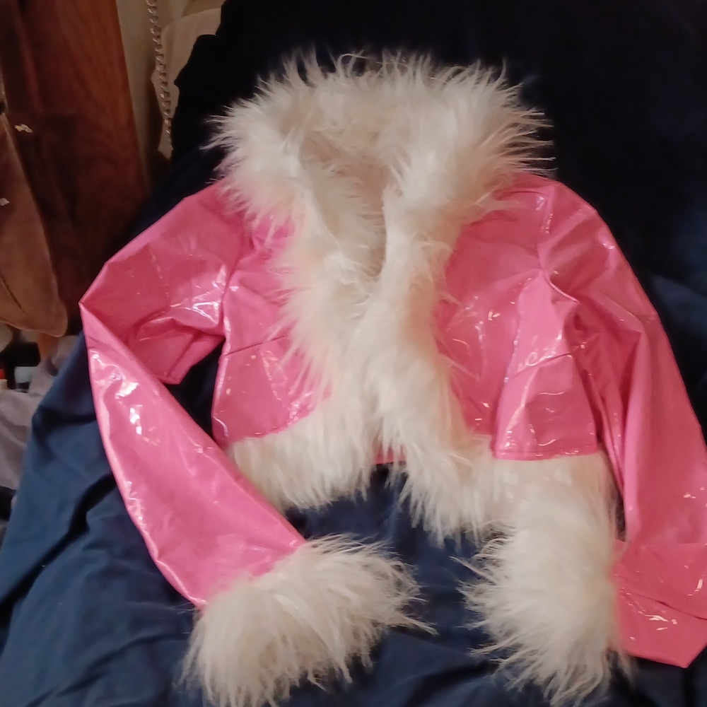Pink Vinyl with white faux fur shorty  jacket with Faux fur